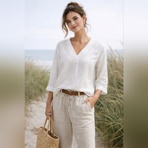 Hot  Cotton Lightweight White V-Neck Linen Top